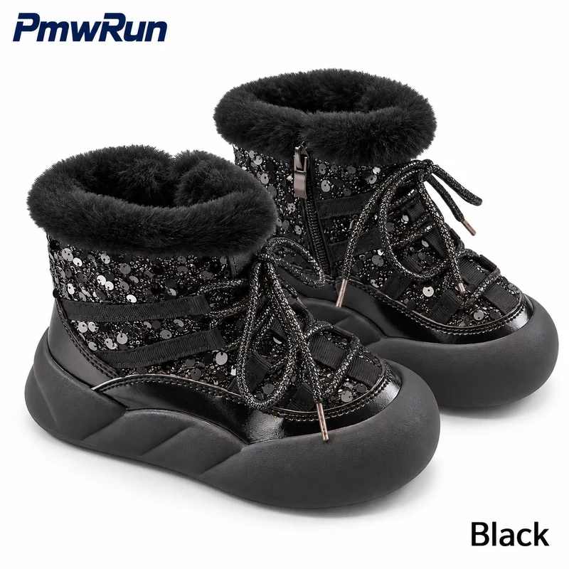 Winter Plush Boots For Girls Korean Style Luxury Sequins Teenager Girl's Snow Shoes Anti-slippery Waterproof Cotton Footwear
