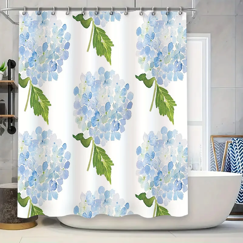 

Floral Shower Curtain Botanical Blue Hydrangea Pattern Bathroom Decor Waterproof Fabric Washable Vintage Farmhouse Style Modern
