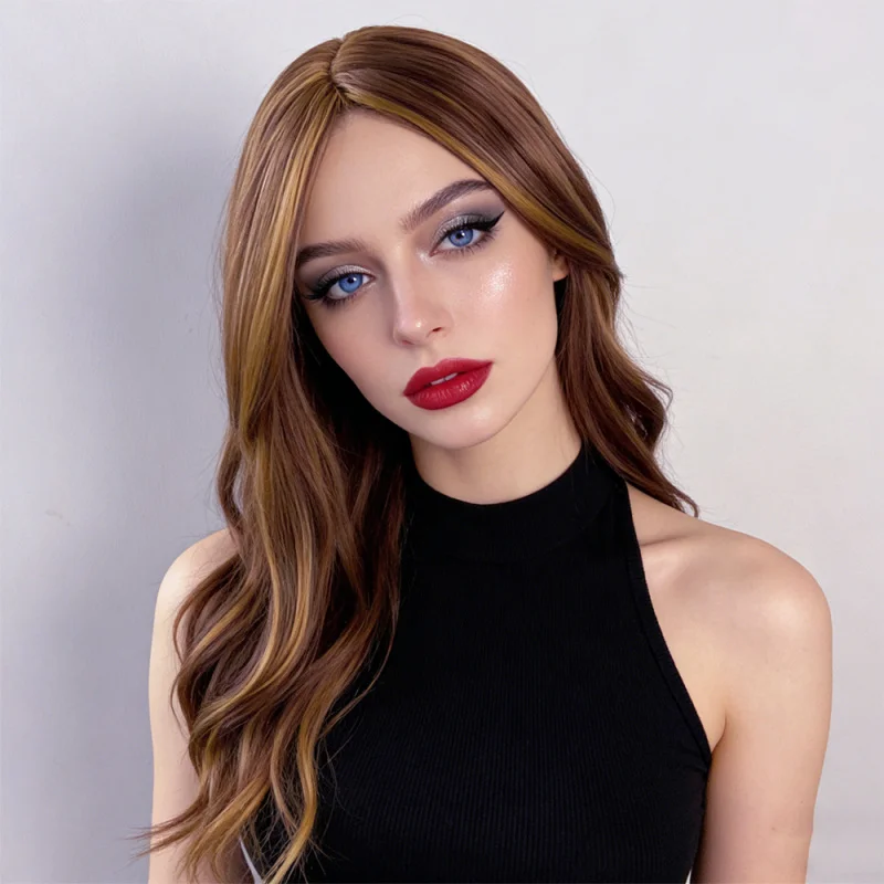 

Brown gold highlights medium-long curly wig, European and American style, gradient middle-parted large waves, synthetic fibe