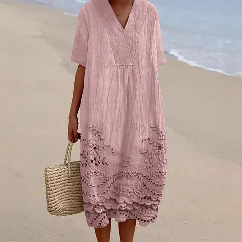 Vestidos retro sólido decote em v a linha midi vestido feminino primavera casual solto pulôver vestido sexy manga curta vestidos de férias de verão