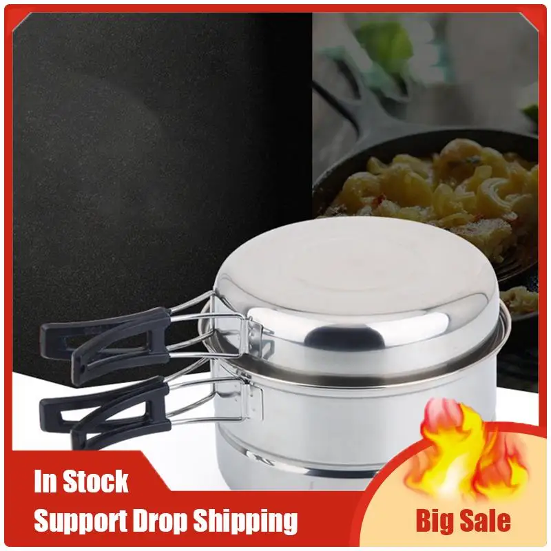 A35F جديد 3 قطعة مجموعة التخييم في الهواء الطلق نزهة وعاء الفولاذ المقاوم للصدأ تجهيزات المطابخ نزهة مجموعة أدوات الطبخ مجموعة ل 2-3 أشخاص (فضي)