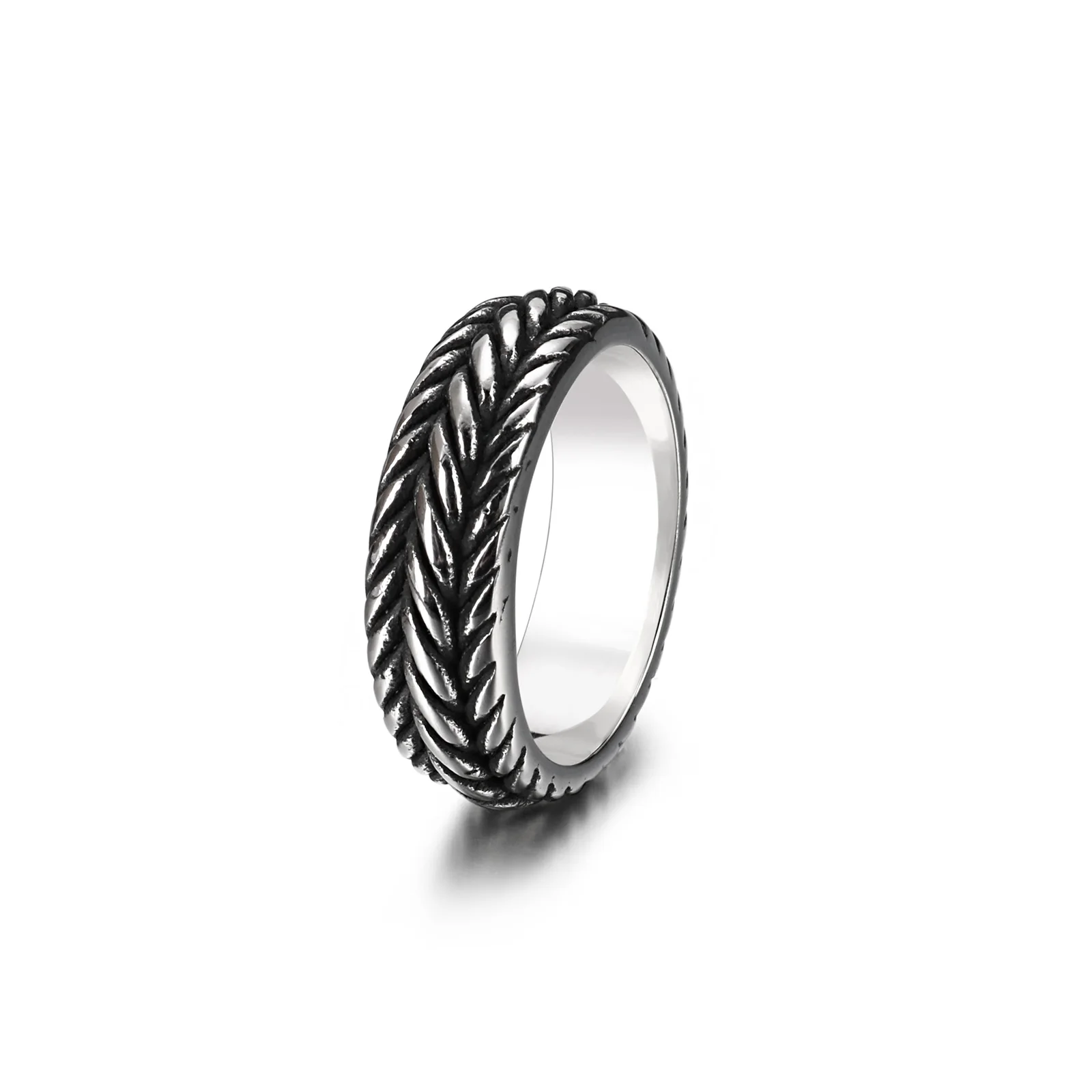 Fongten Fried Dough Twists Chain Men Stainless Steel Ring Hip Hop Accessory Car Wheel Pattern Fashion Jewelry Punk Banquet Gifts