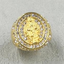 Hip hop Religious Christian Catholic Virgin Mary Rings for Men Jewelry Rhinestones Gold color Stainless Steel Punk