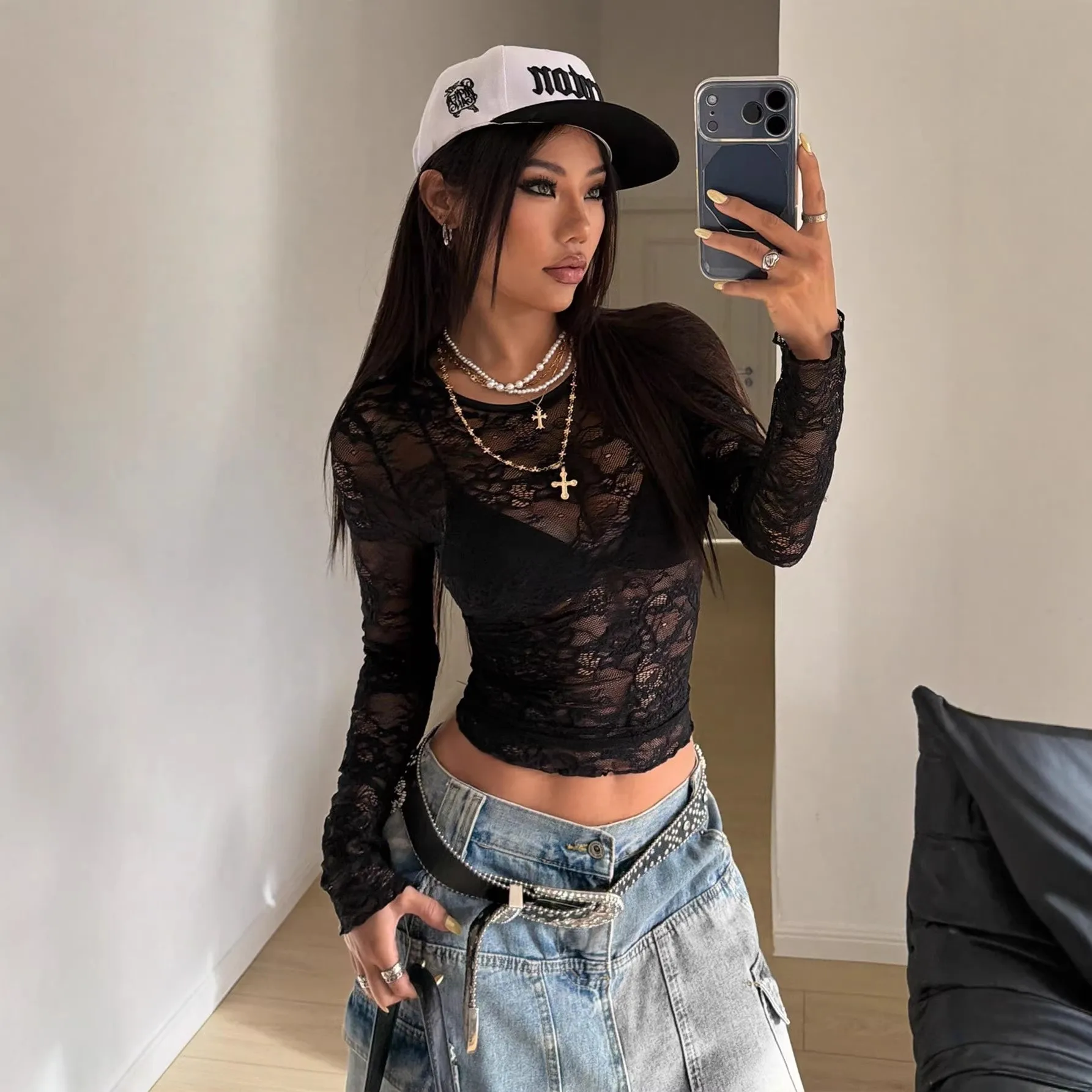 Hollow Out Long Sleeve Tops Slim Fit European and American Style with Streetwear Regular Sleeve Sexy Round Neck Bodysuit Women