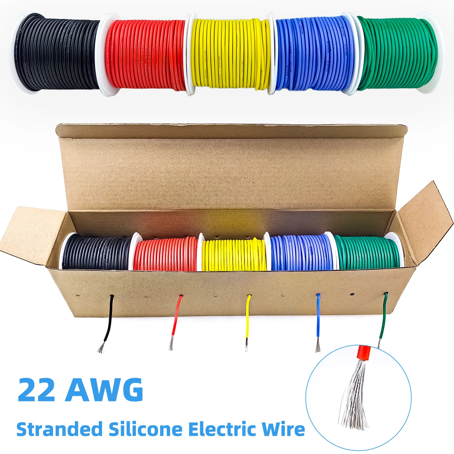 

Многожильный силиконовый электрический провод 22 AWG, луженые медные провода 22 калибра, комплект гибких электрических проводов, 5 цветов, 98,4 фута/30 м каждый