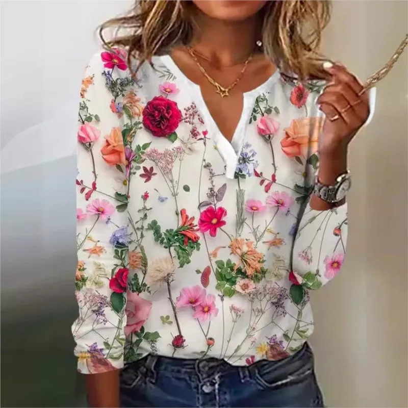 Vintage Flower Printed Long Sleeve T-shirt Autumn Women Loose Elegant Tops V-neck Office Lady Vacation Beach Casual Sweet Blouse