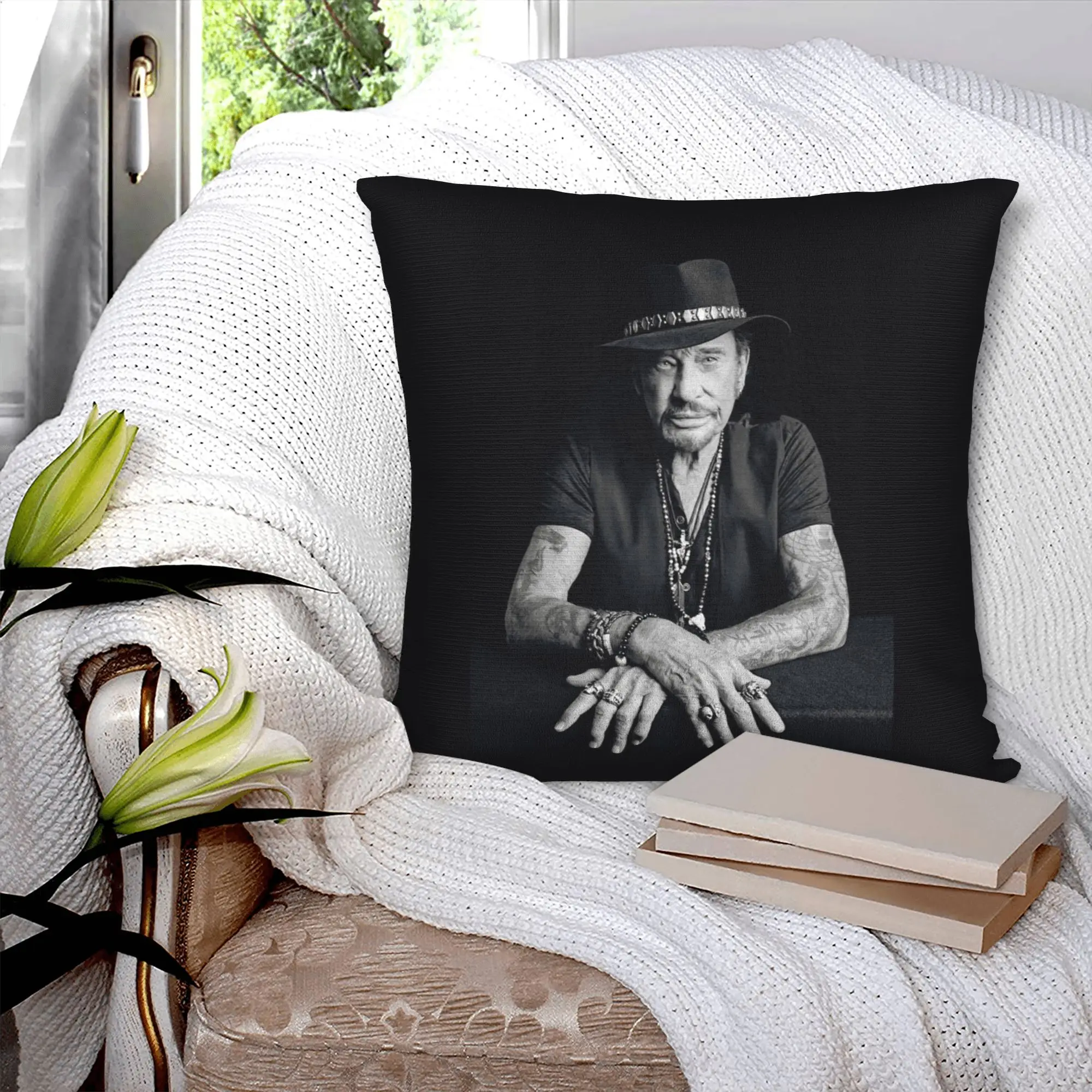Music Singer Johnny Hallyday Modern Throw Pillow Covers Living Room Decoration French Rock Chair Cushion