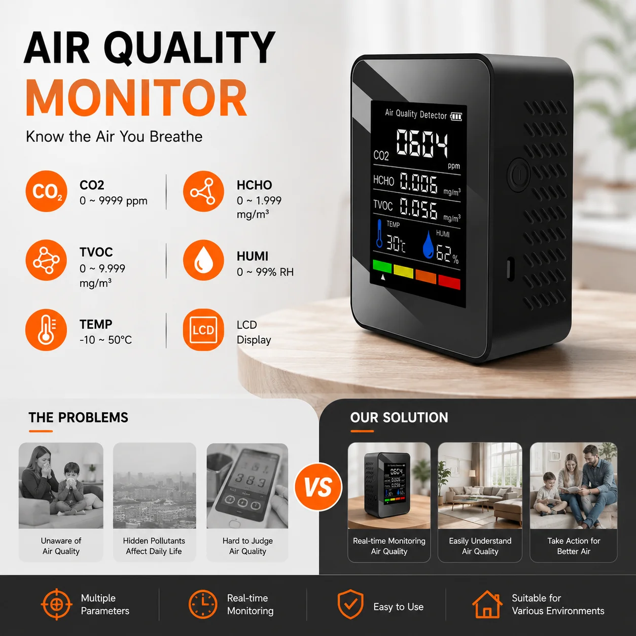Détecteur numérique 5 en 1 RCXAZ CO2 HCHO TVOC, testeur de température et d'humidité, moniteur de qualité de l'air portable