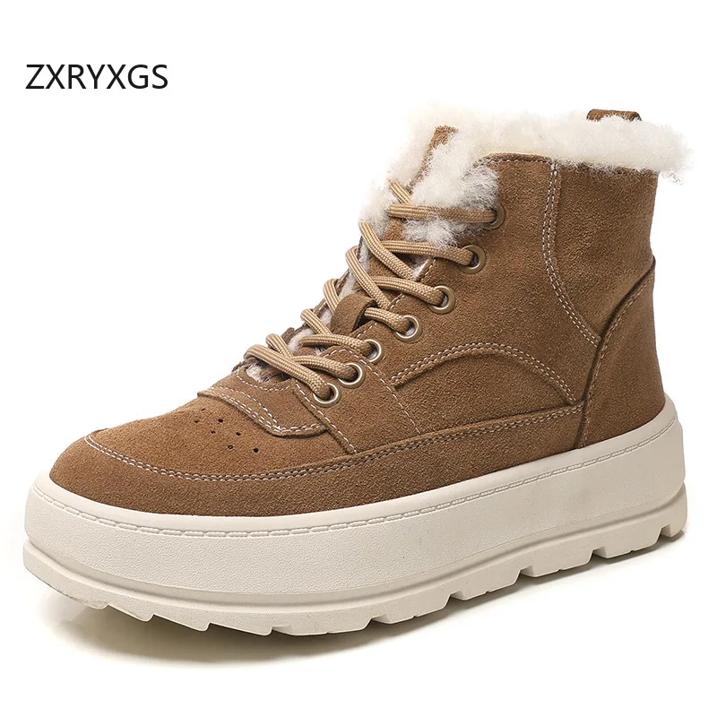 ZXRYXGS Frosted Cowhide Imitation Lamb Wool Snow Boots Cotton Shoes 2026 New Fashion Lace-up Winter Boots Flat Shoes Women Boots