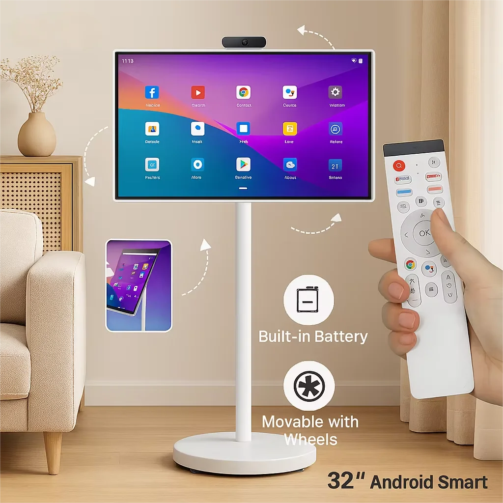 

32-дюймовый смарт-экран Android 15 6G + 128G, напольная подставка для телевизора с пультом дистанционного управления, видеозвонок с камерой 2K, встроенное питание от батареи 148 Втч