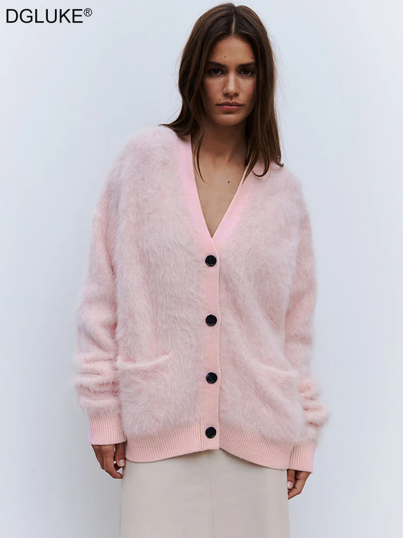 

DGLUKE Faux Mink Cardigans For Women V-Neck Button Up Oversized Cardigan Sweater Warm Knitted Winter Cardigan