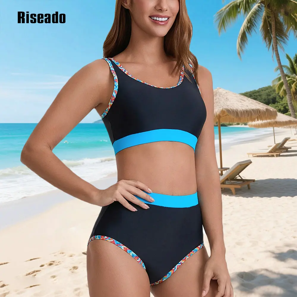 

Женские комплекты бикини с высокой талией, спортивные купальники из двух предметов, цветные блоки, дерзкие купальные костюмы с высоким вырезом