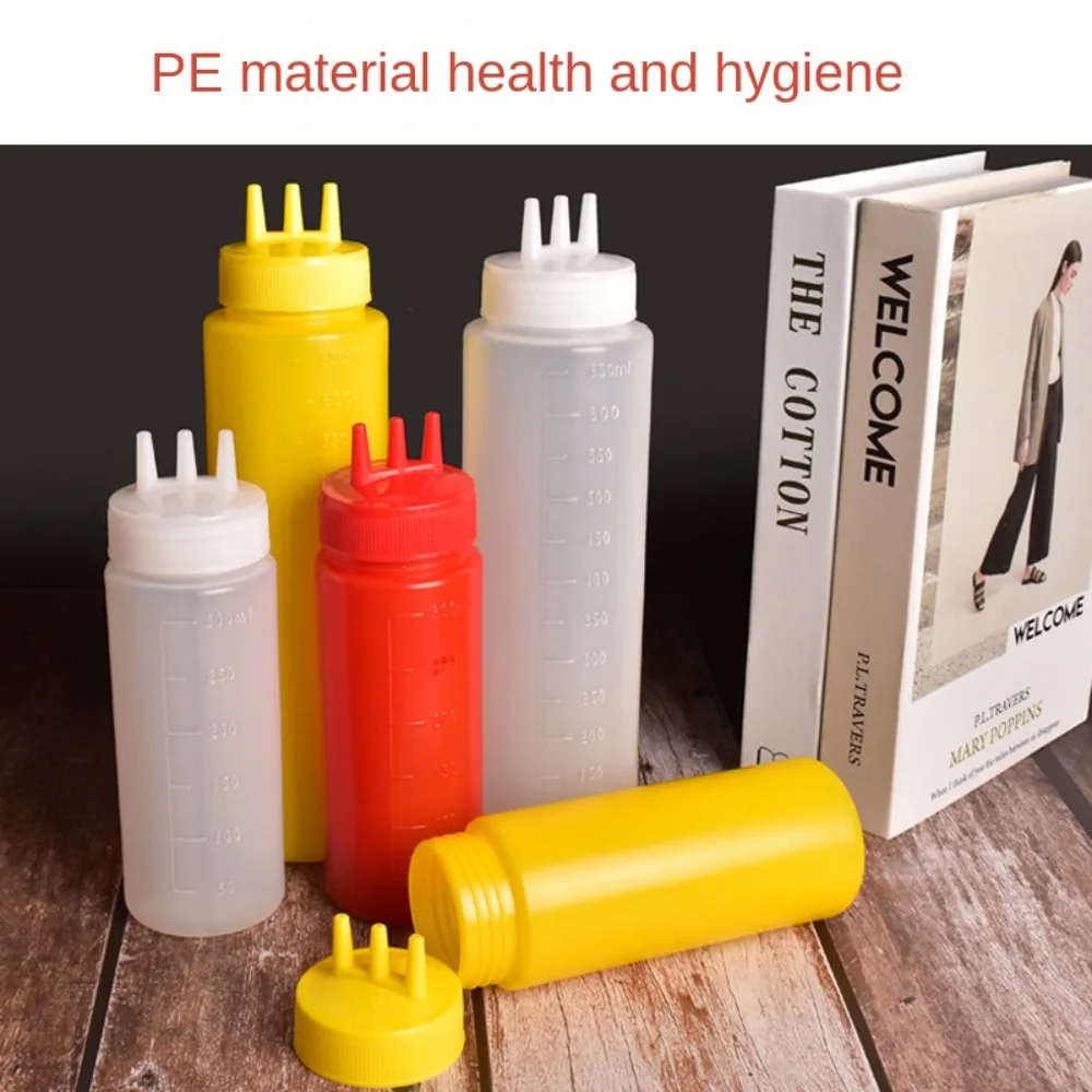 Plastic Squeezing Sauce bottle New Squeezable Graduated Jam Container Salad 3 Nozzles Gravy Boats
