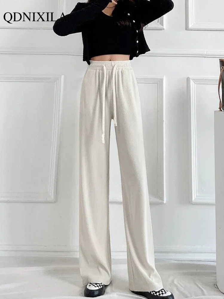 Summer Ice Silk Saggy Women\'s Pants Korean Thin High Waist Loose Straight Pants Casual Fashion Folds Wide Leg Trousers for women