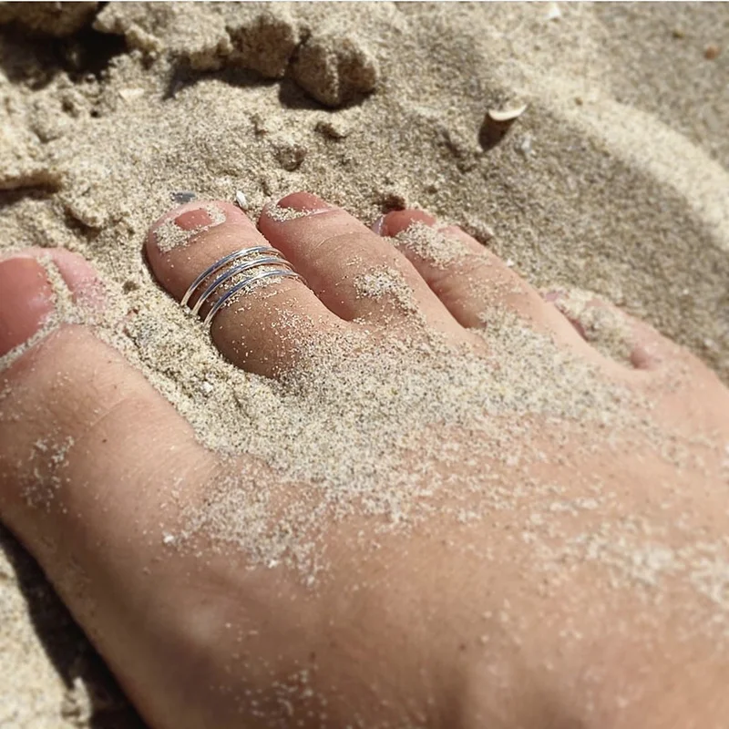 Cincin jari kaki dapat disesuaikan warna perak, Set perhiasan cincin sederhana untuk wanita Punk musim panas pantai