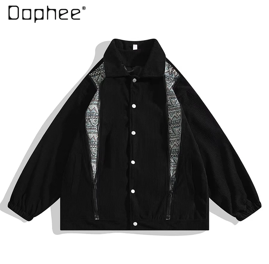 2026 Spring and Autumn New Men's Black Corduroy Patchwork Turn-down Collar Jacket Japanese Style Loose Casual Khaki Thin Shirt