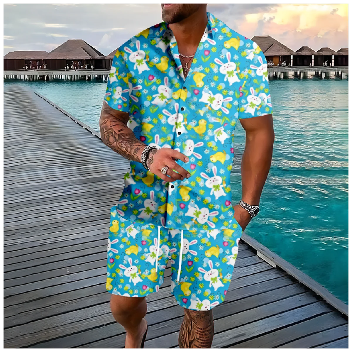 3D Print Cute 2pcs Men's Casual Summer Outfits Short Sleeve T-Shirt Shorts Set Beach Short Clothin Button Shirt Suit