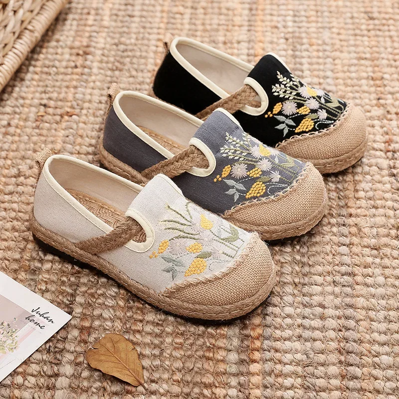 Flower Embroidered Women Handmade Linen Cotton Espadrilles Loafers Comfortable Sneakers Casual Walking Shoes 35-40 2024