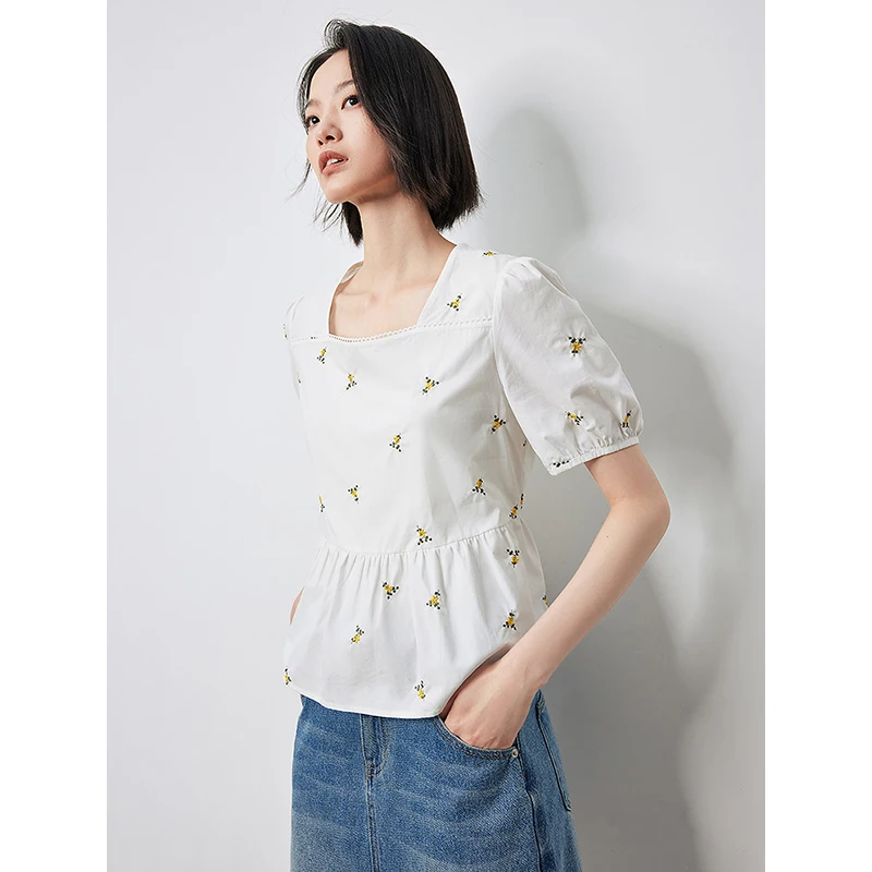 TOYOUTH Womens Short Sleeve T-shirt 2024 Summer New Flower Embroidered Shirt Square Neck Buff Sleeve Doll Shirt