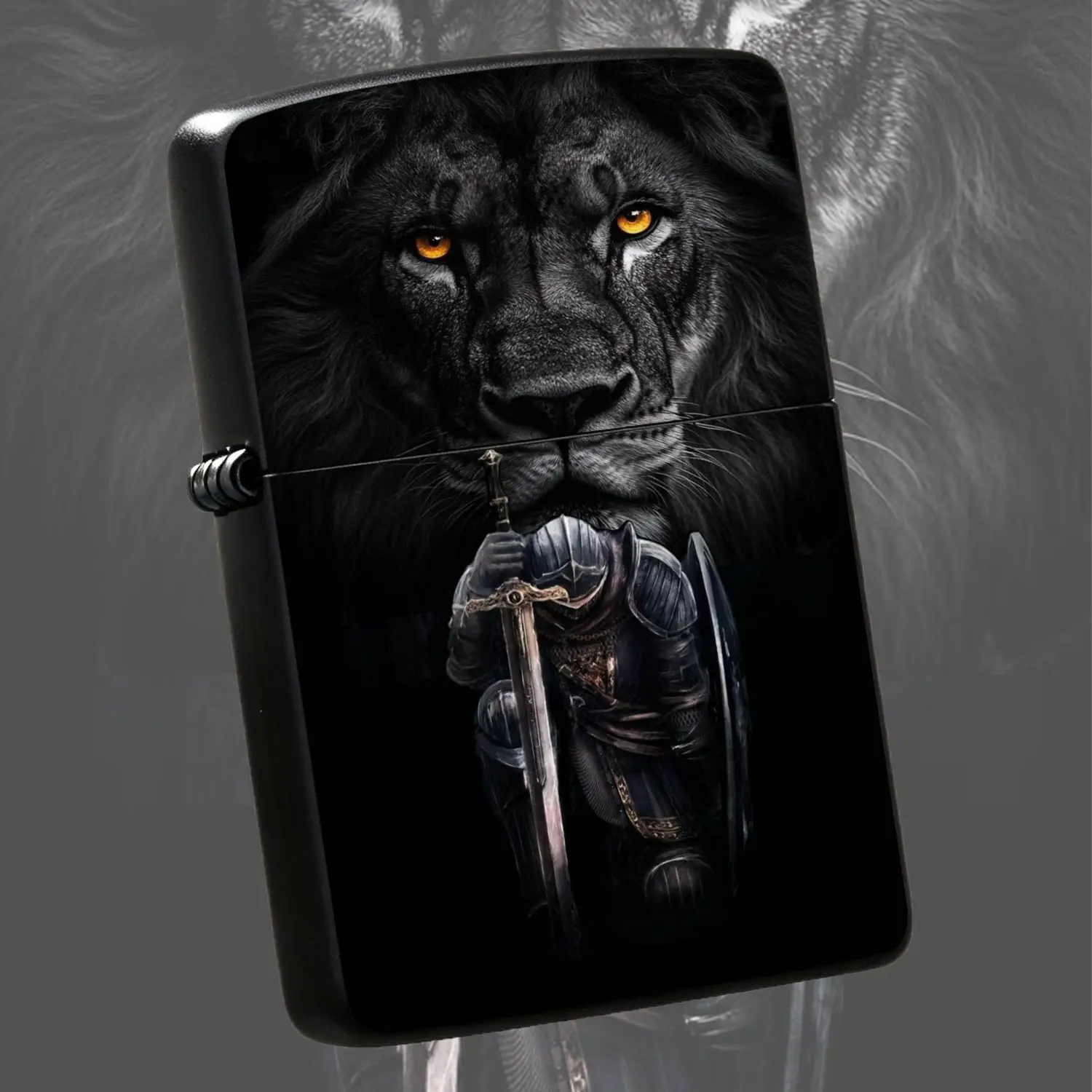 Creative Lighter With Dark Black Lion And Armored Knight Pattern, Stylish Desktop Decor, Portable Daily Use Tool For Outdoor Travel, Ideal Gift For Birthday Holiday, Unique Cool Collectible Accessory Suitable For All Scenes, Exquisite Prese
