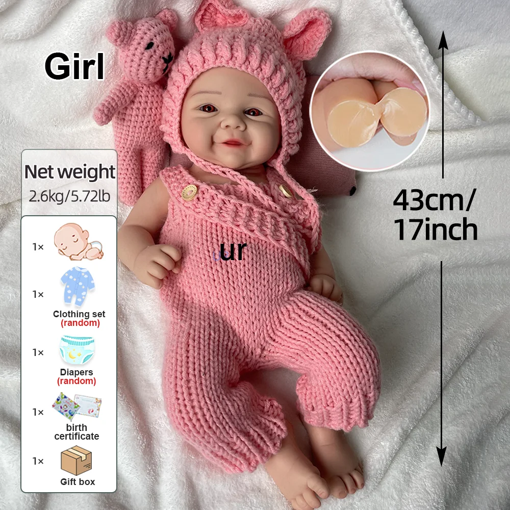 17 "boneca bebê reborn de silicone premium pintada à mão macia boneca recém-nascida realista para colecionadores e presente de natal de mais de 3 anos