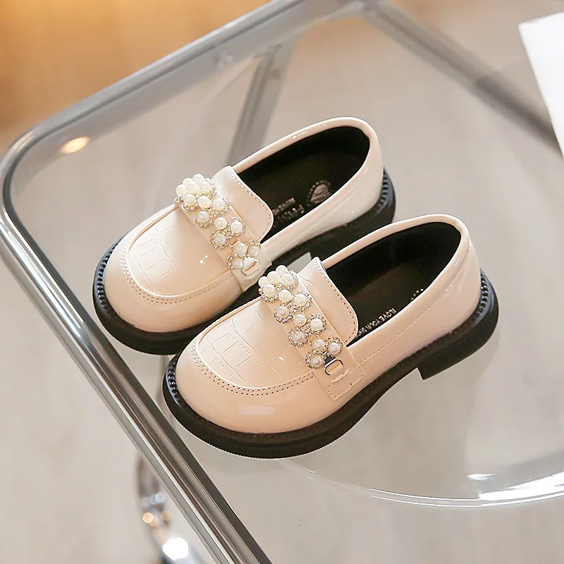 2022 Spring & Autumn New Kids Leather Shoes Korean Style Fashion Girls Pearls Casual Princess Soft Loafers Simple Children Black