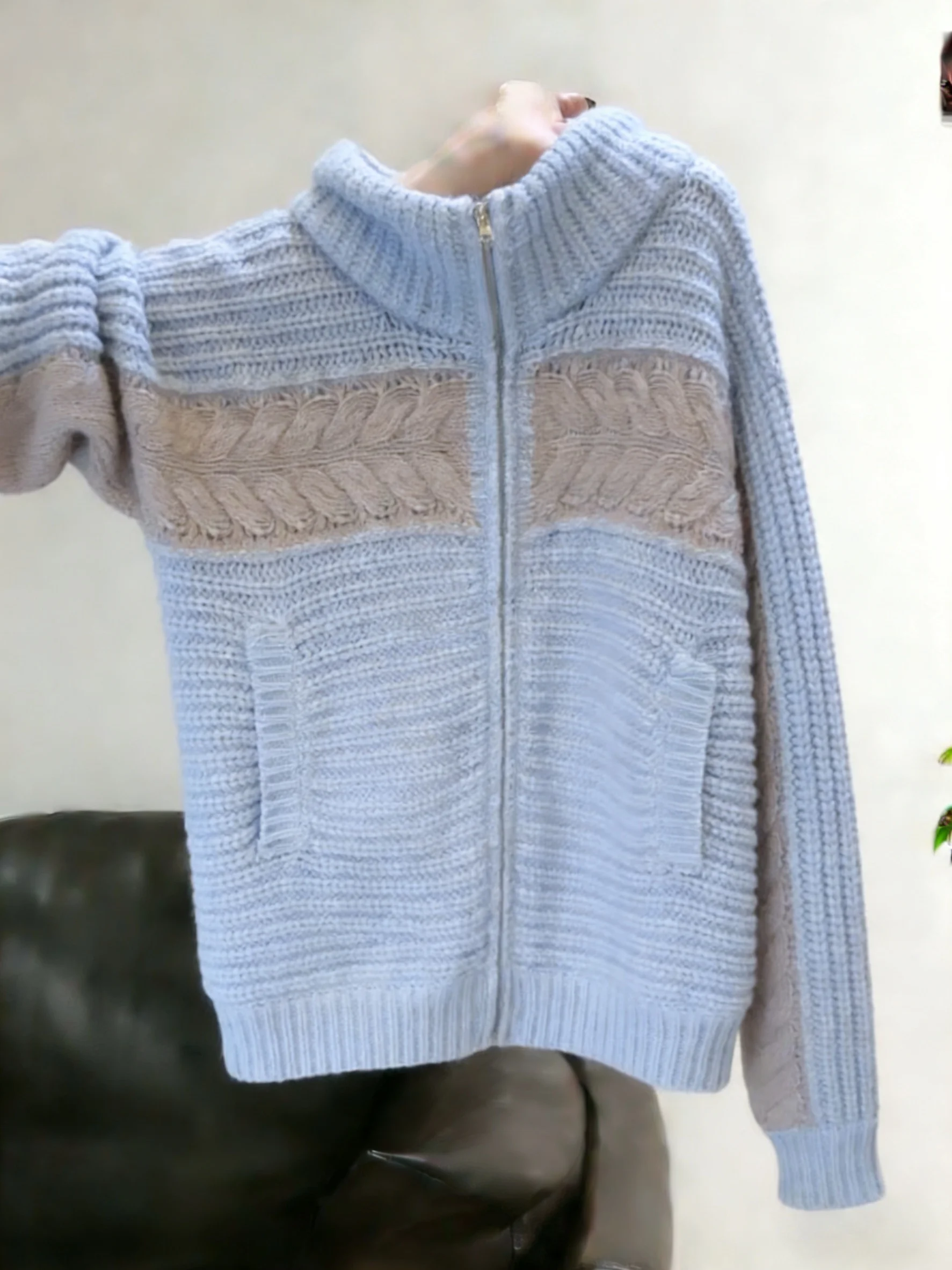 

Синий вязаный кардиган на молнии, женский повседневный свободный топ, стройнящий силуэт, весенне-осенний дизайн, корейский стиль