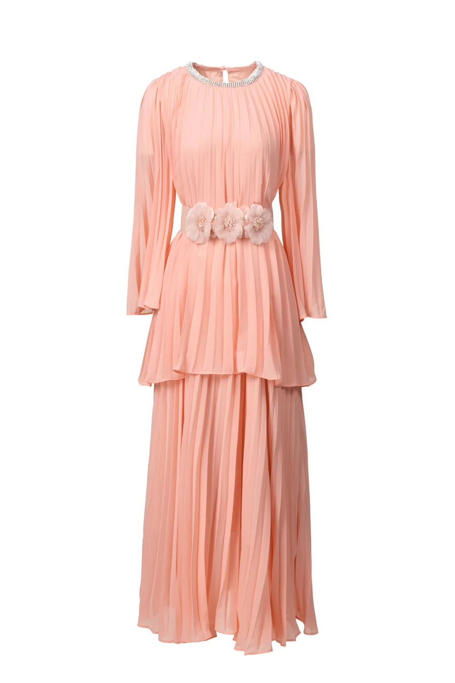 

Summer 2025 new styles of European and American women's clothing Long-sleeved beaded round collar Floral belt pleated dress