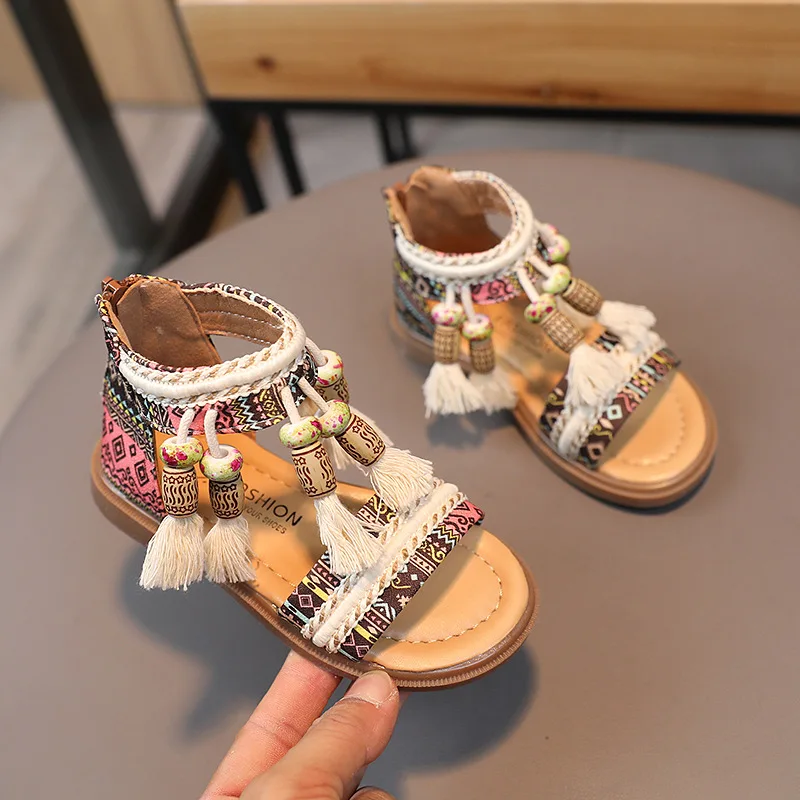 Children Roman Sandals for Girls Ethnic Retro Princess Shoes Fashion Tassels Kids Shoes Toddler Soft Sole Non-slip Flat Sandals