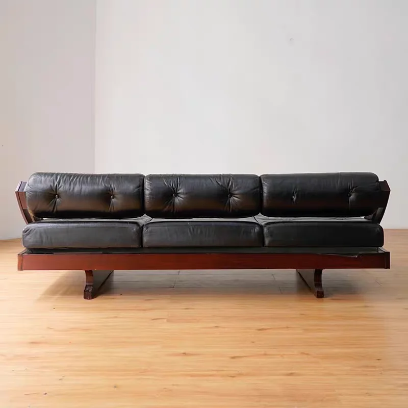 كرسي كلاسيكي من الجلد الطبيعي على الطراز العتيق أريكة Gianni Songia معنقدة بتصميم منتصف القرن أريكة سوداء متعددة المقاعد #4