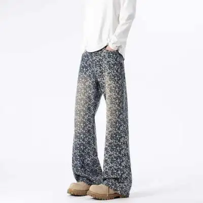 Jacquard All Over High Street Jeans Mens 2026 New Straight Lift Pattern Loose Wide Leg Jeans Casual Boyfriend Jeans Pants Tide