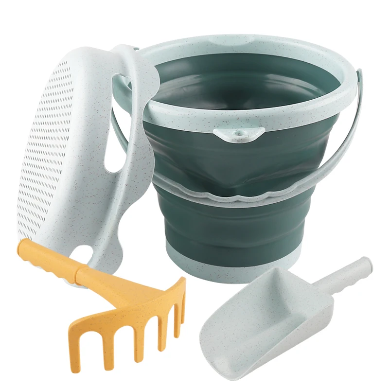 Set di giocattoli da spiaggia 4 pezzi nuovo stile 4 in 1 Secchio pieghevole, pala e rastrelloPioli da trasportare e catturare i giocattoli del secchio marino.2025