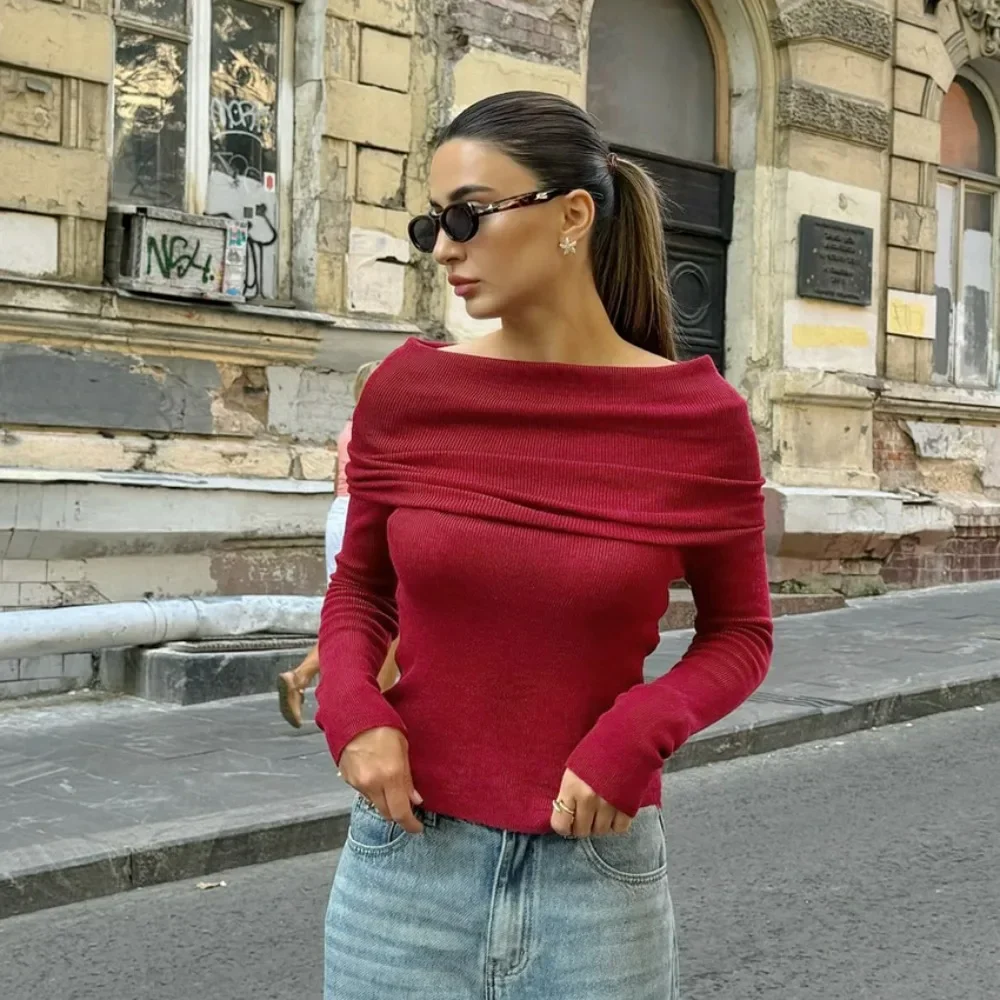 Red Ribbed Long Sleeve T-shirts for Women Elegant Fashion Off The Shoulder Slim Tops Autumn Winter Sexy Christmas Tees 2024