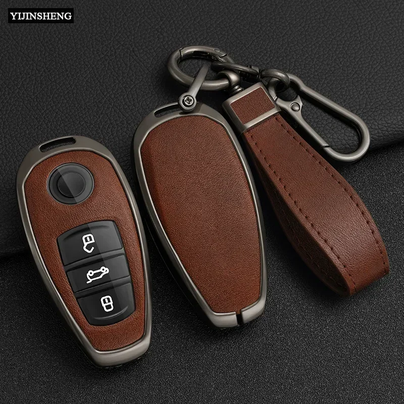 Zinc Alloy+PU Leather Full Cover Car Key Case For VW Volkswagen 2011-2017 Touareg, 2016-2023 Phideon 3 Button Remote Key Protect