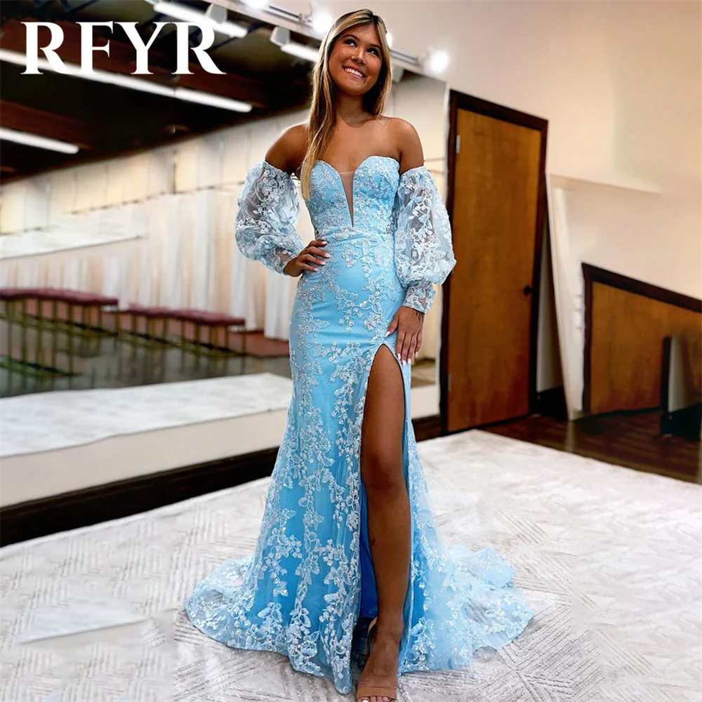 

RFYR Blue Prom Dress Sweetheart Split Appliques Evening Party Dress Trumpet Floor Length Elegant Tulle Party Gowns Customized