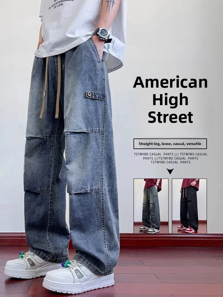 

American Waed Faded Jeans Men Summer High Street Loose Rope Dstring Casual Straight Leg Workwear Long Pants