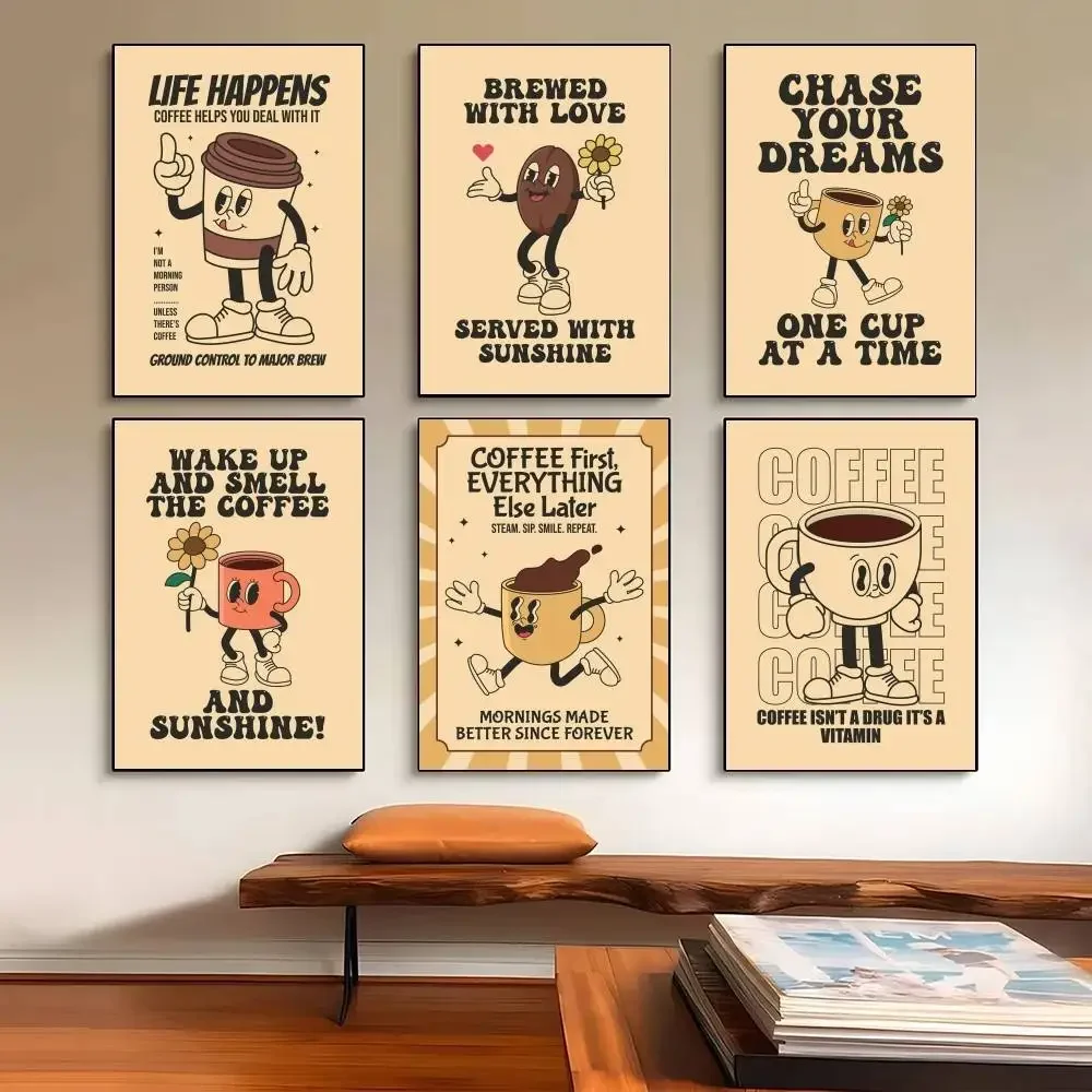 Retro Cartoon Coffee Beans Poster Self-adhesive Art Waterproof Paper Sticker Coffee House Bar Room Wall Decor