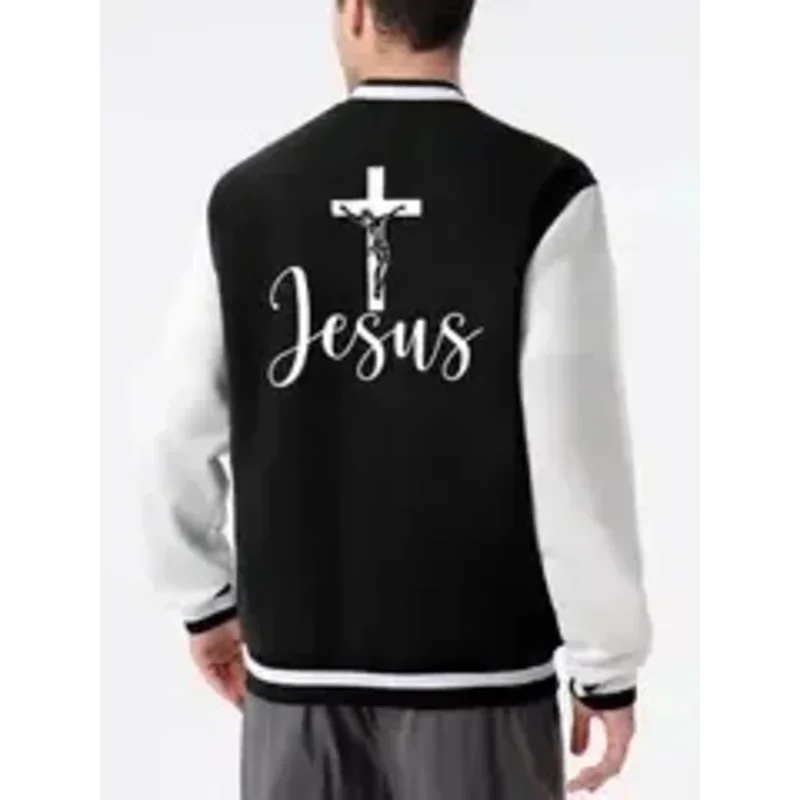 

Jesus" And Cross Graphic Print Varsity Jacket Men Casual Baseball Jacket Coat College Hipster Windbreaker Spring And Autumn