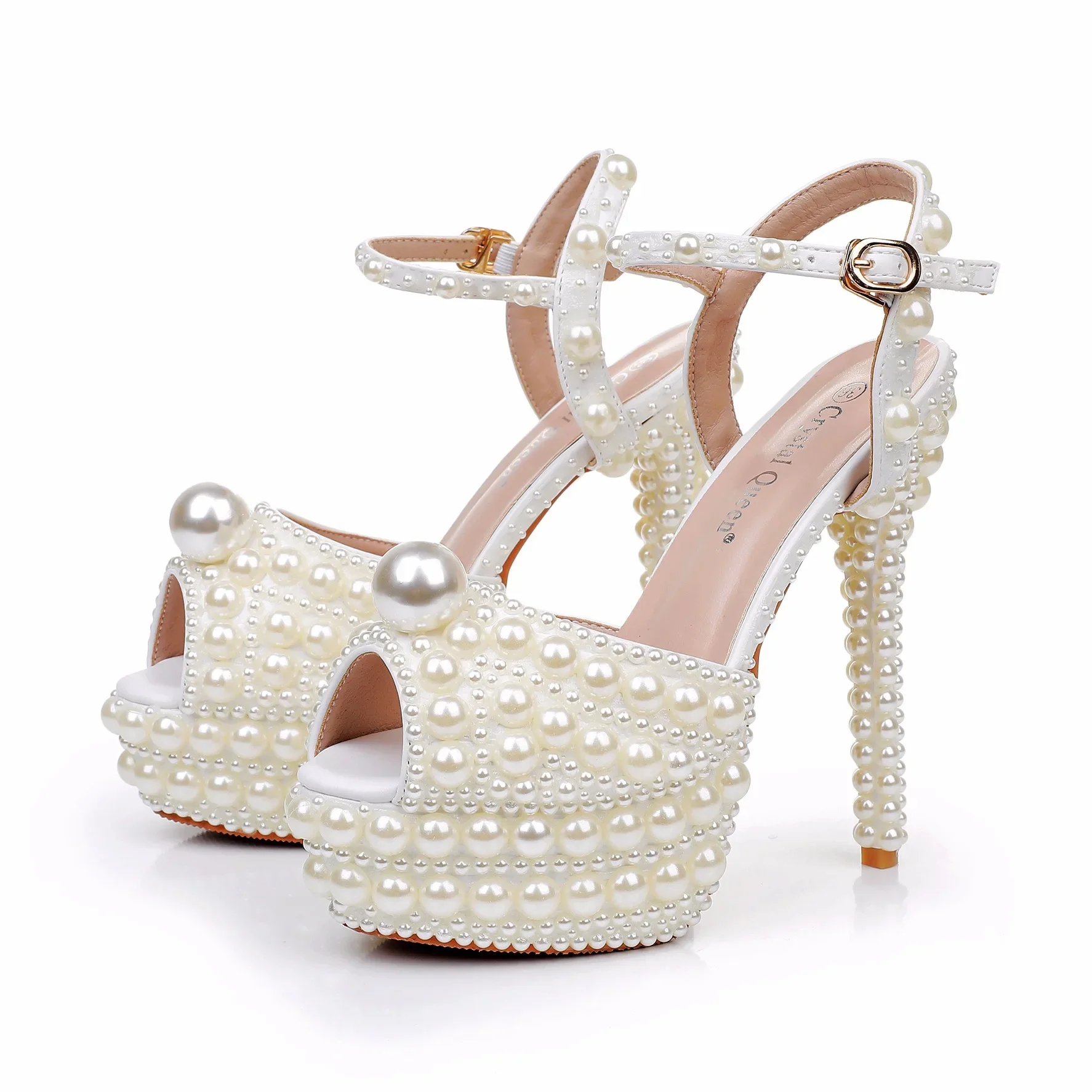 

14cm high heels sandals beige pearl fish mouth slim heel waterproof platform bridal dress sandals