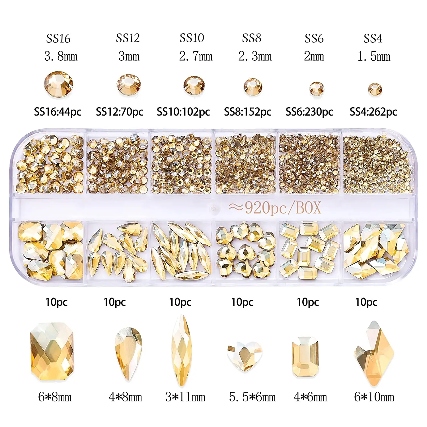 720/1000pcs Champagne Nail Art Rhinestones 5/10pcs Shaped Gem 75/120pcs Mini Diamond Mixed Sizes Flat-Back Luxurious Crystal RH4