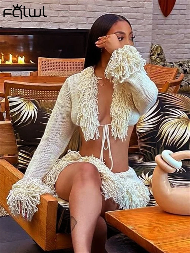 Habbris Winter Apricot Knit Tassels 2 Piece Set Vacation Party Outfits For Women 2024 Sexy Lace-Up Cropped Cardigan+Mini Skirt