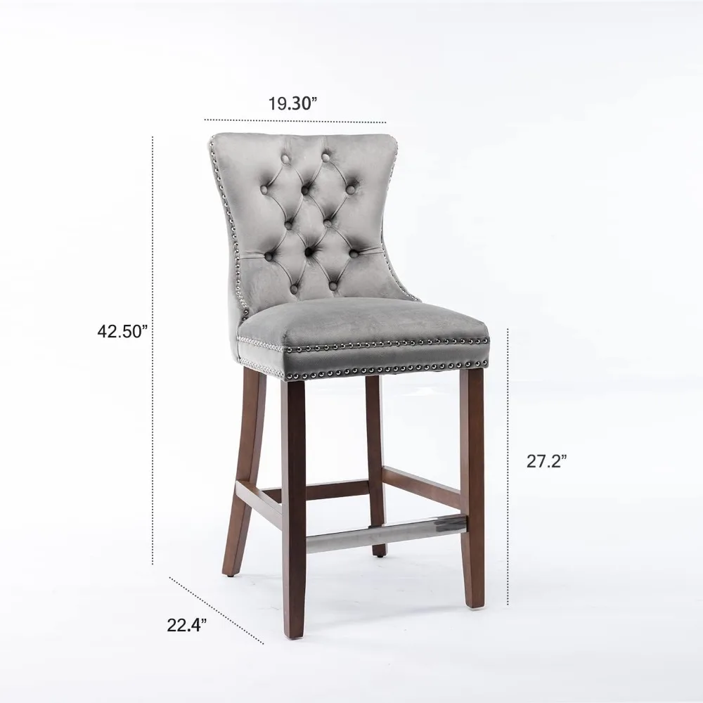 Counter Height Bar Stools Set of 2, 27" Wingback Velvet Bar Stools with Button Back and Nailhead Trim, Upholstered Bar Chairs