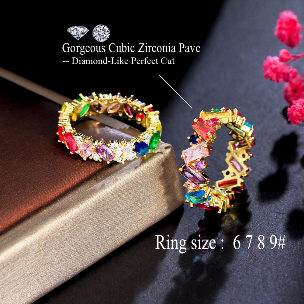 BeaQueen Nigeria Brazilian Gold Plated Jewelry Colorful Geometric Cubic Zirconia Wedding Rings for Women Luxury Jewellery R134