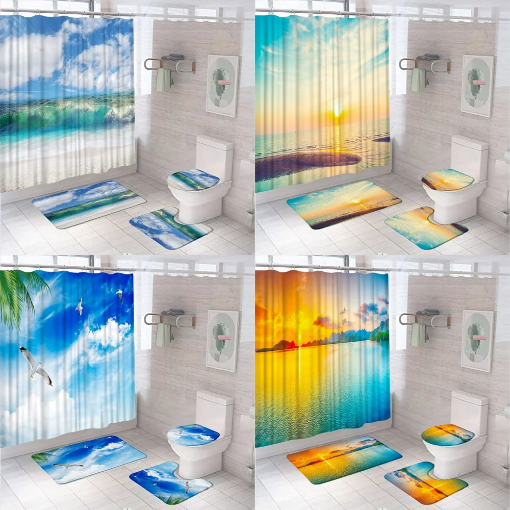 Ocean Scenery Shower Curtain Set Beach Palm Tree Tropical Plant Sea Waves Bathroom Decor Carpet Toilet Mat Non-slip Mat Bath Rug