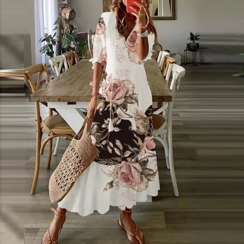 Boho Loosen V Neck Tassel Long Dress 2023 Spring Floral Print Pleated Party Maxi Dress Women Embroidery Lace Sleeve Summer Dress