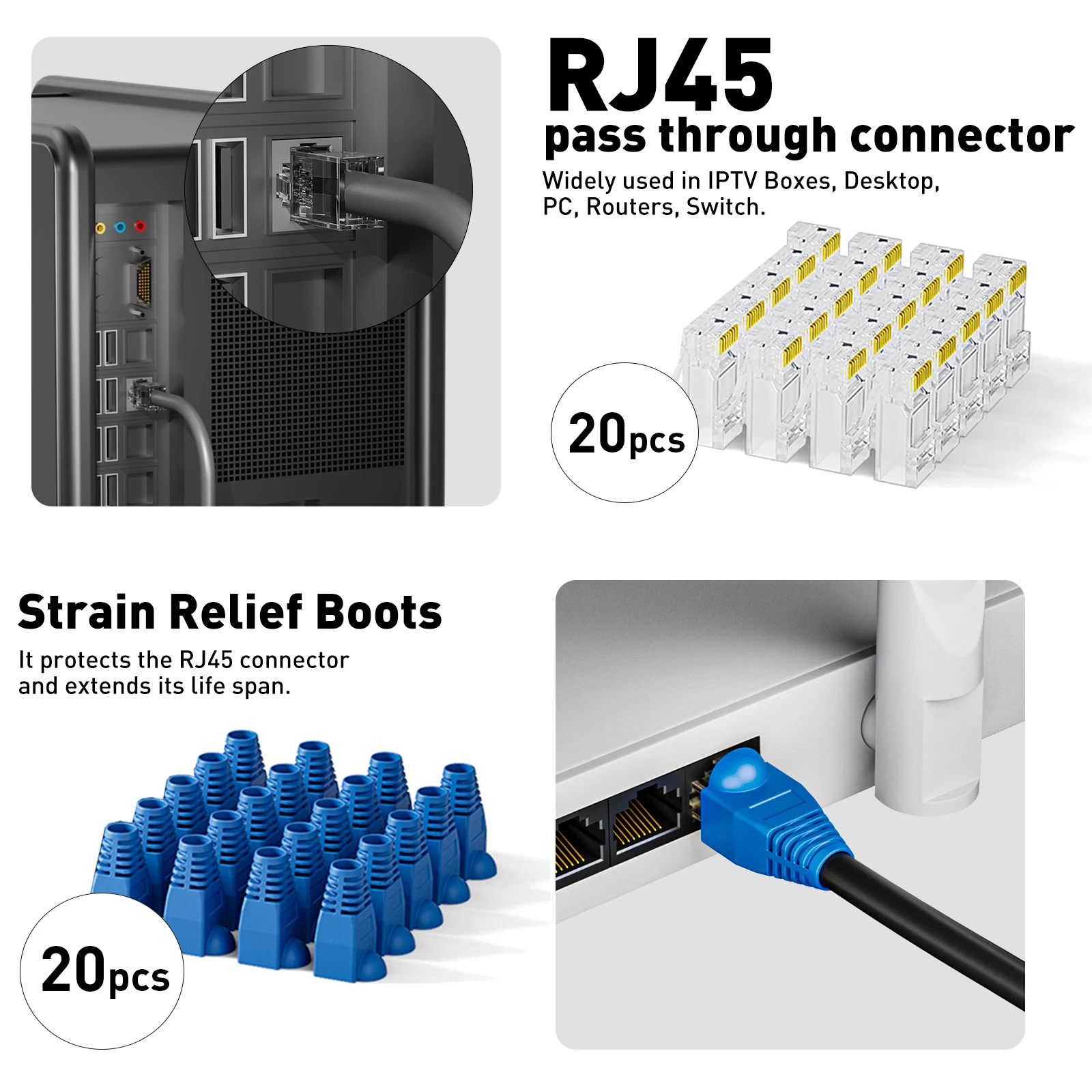 مجموعة أدوات الشبكة ZoeRax RJ45 مع أداة المكشكش CAT6، 20 قطعة موصلات CAT6 CAT5 وأغطية المكونات، أداة تعرية الأسلاك الصغيرة، شفرات،
