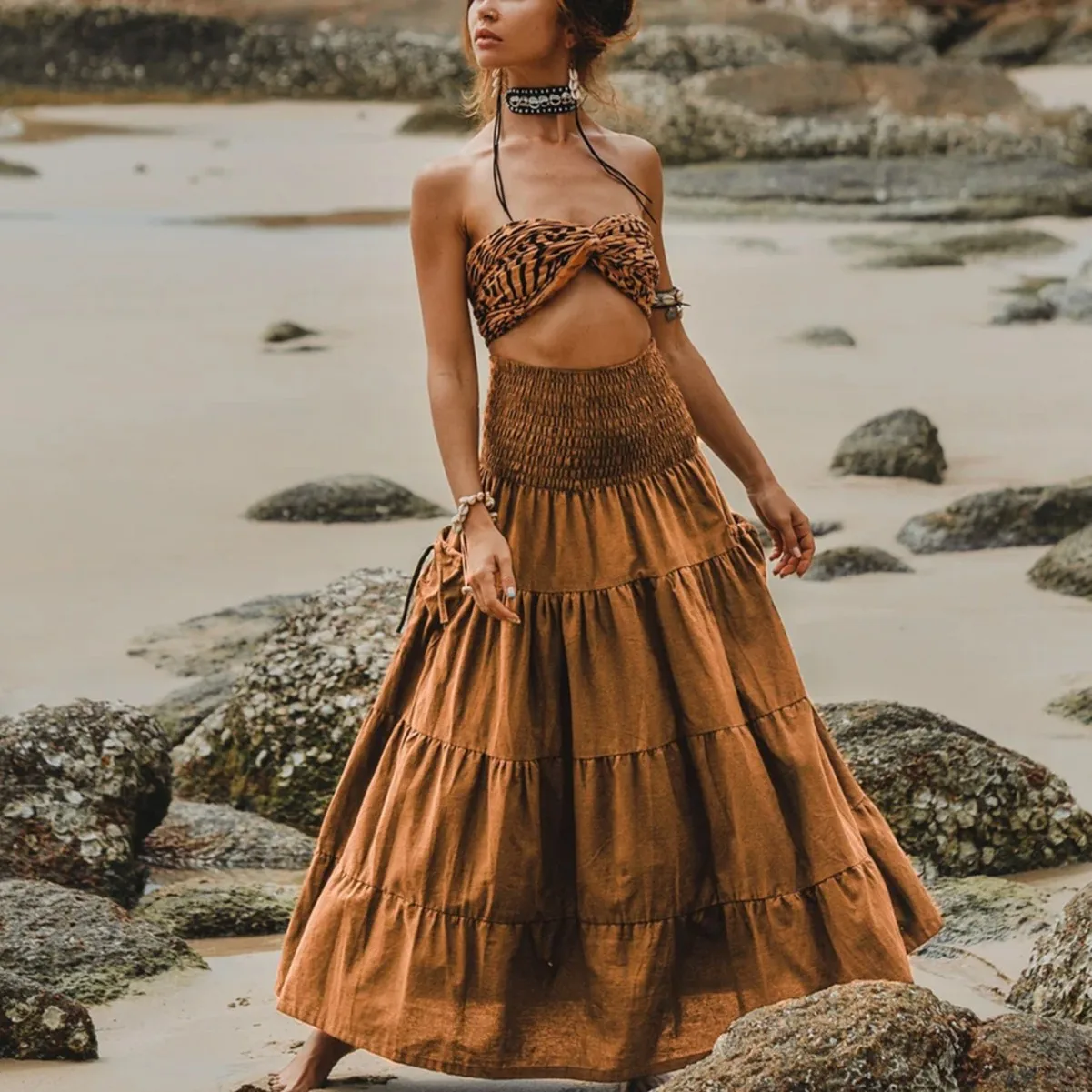 

Women Hippie Style Half Skirt Retro Nepalese Elf Skirt To Wear Forest Witch Strapless Skirt Bohemian Loose Solid Long Skirt Y2K