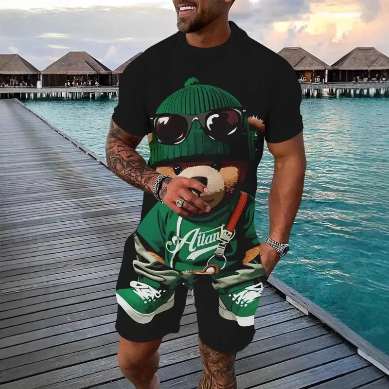 Summer Casual Men Fashion Short Sleeve Graphic T-shirt Loose Stretch Breathable Pullover High Street Trend Printed Men's Suit