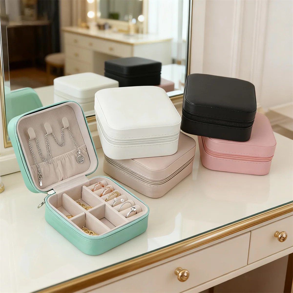 

Портативная коробка для хранения ювелирных изделий, дорожные серьги, ожерелье, чехол для хранения для женщин, органайзер для колец, мини-витрина из искусственной кожи, подарок