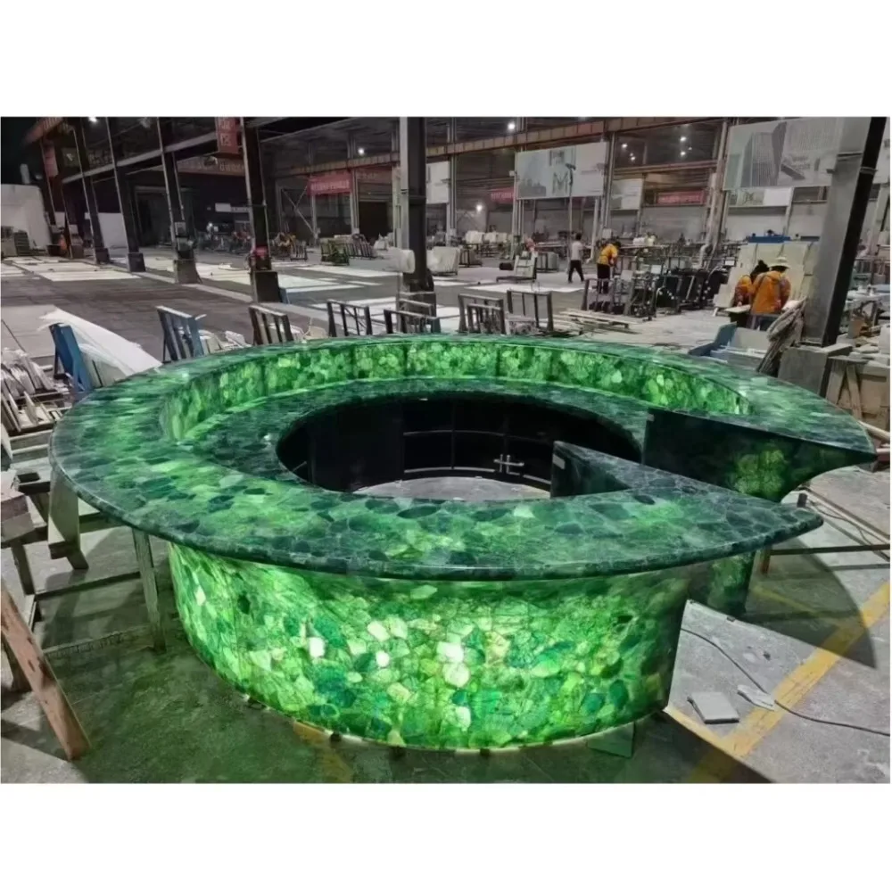 

Luxury Led Light Translucent Backlit Blue Semiprecious Blue Agate Large Hotel Reception Desk Night Club Bar Table